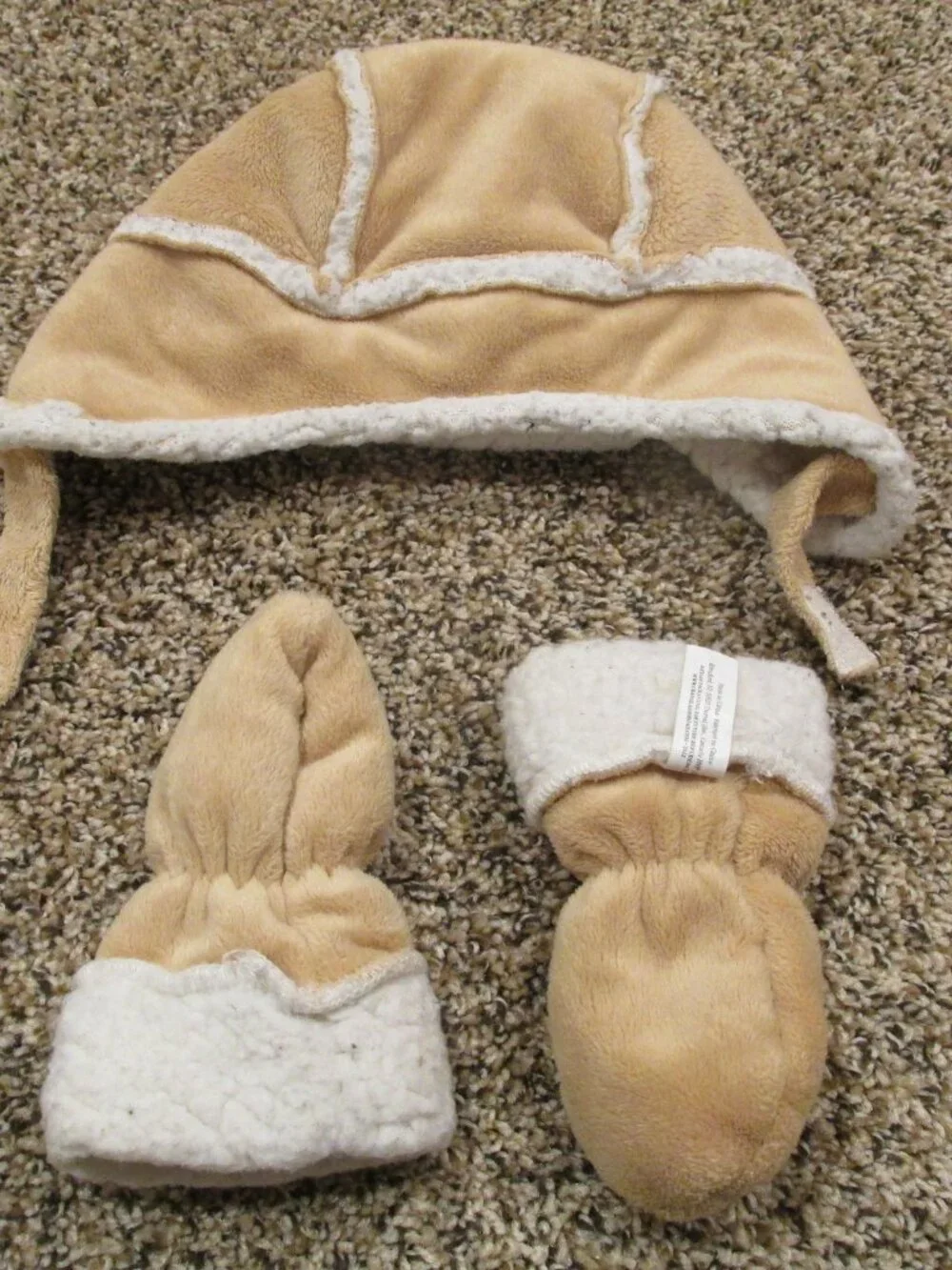 Infant Winter Sherpa Hat Mitten 2 Pc Set Trapper Style Size Boys 3-6M Brown Tan‎